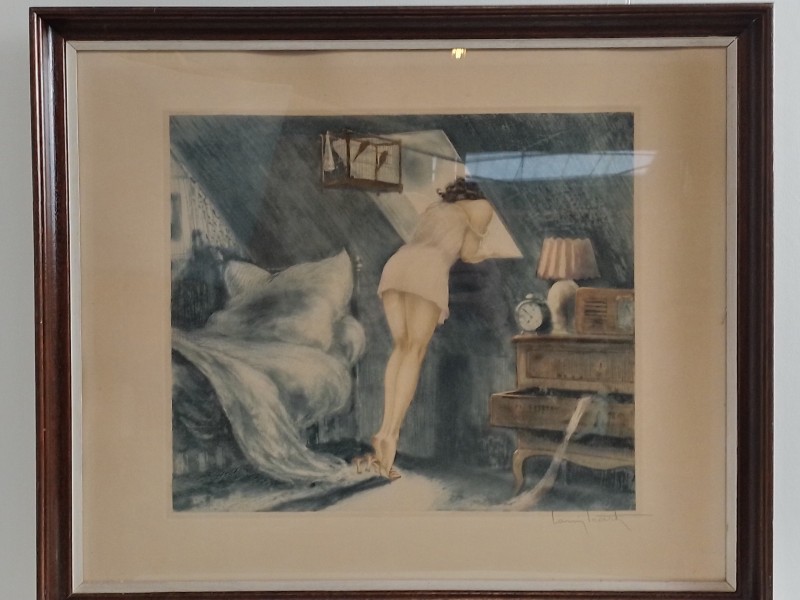 Mooie ets 'de zolderkamer' van Louis Icart (1888-1950)